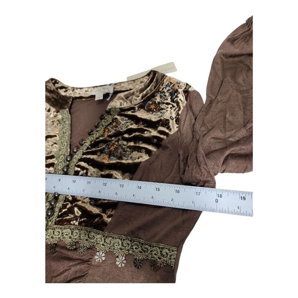 NEW Lucy Paris Brown Velvet Embroidered Sequin Boho Ruched Long Sleeve Top Large - Picture 3 of 12